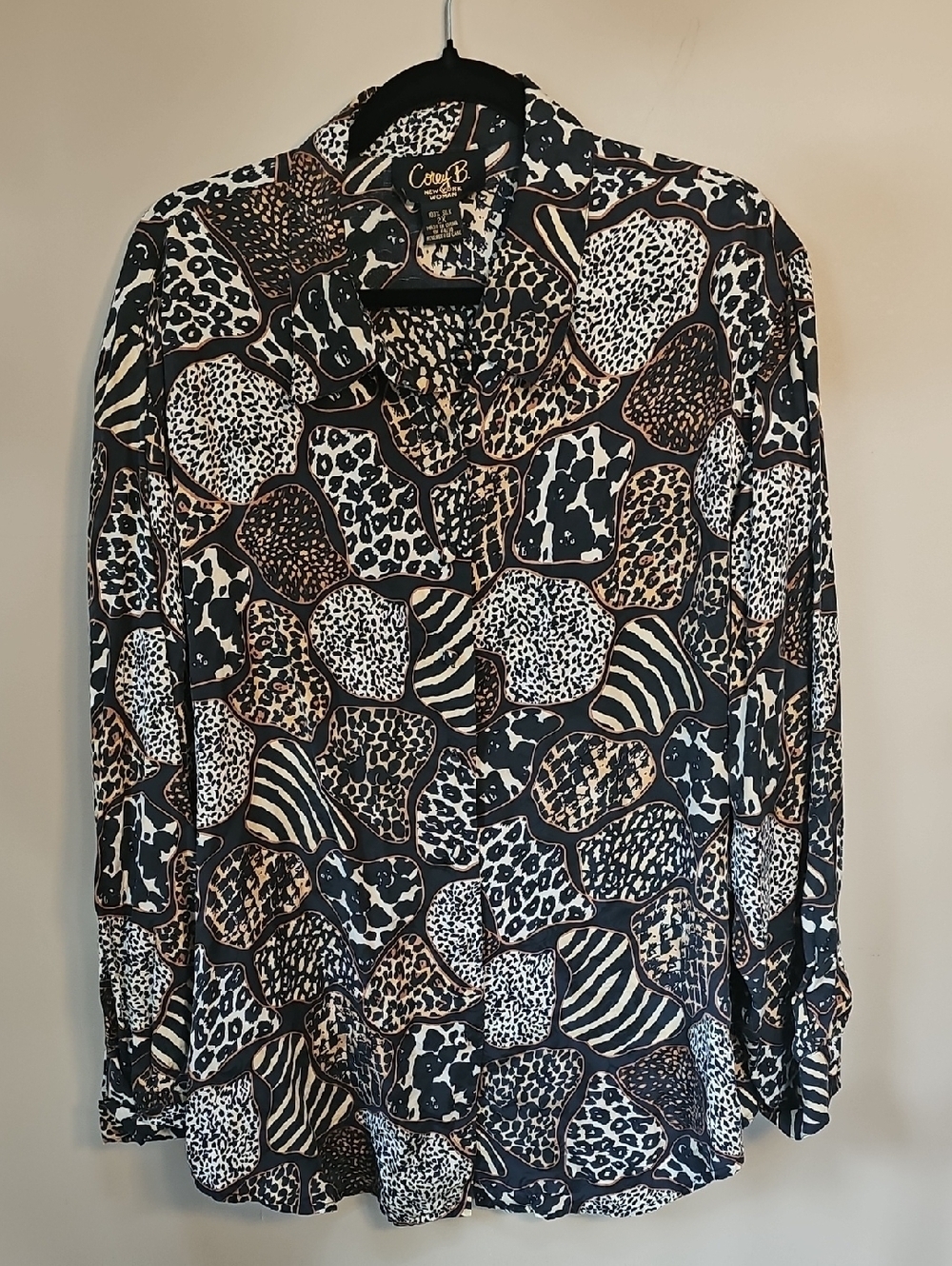 Vintage Corey B. 100% Silk Button-Up Blouse in Animal Prints Black, Tan & Cream